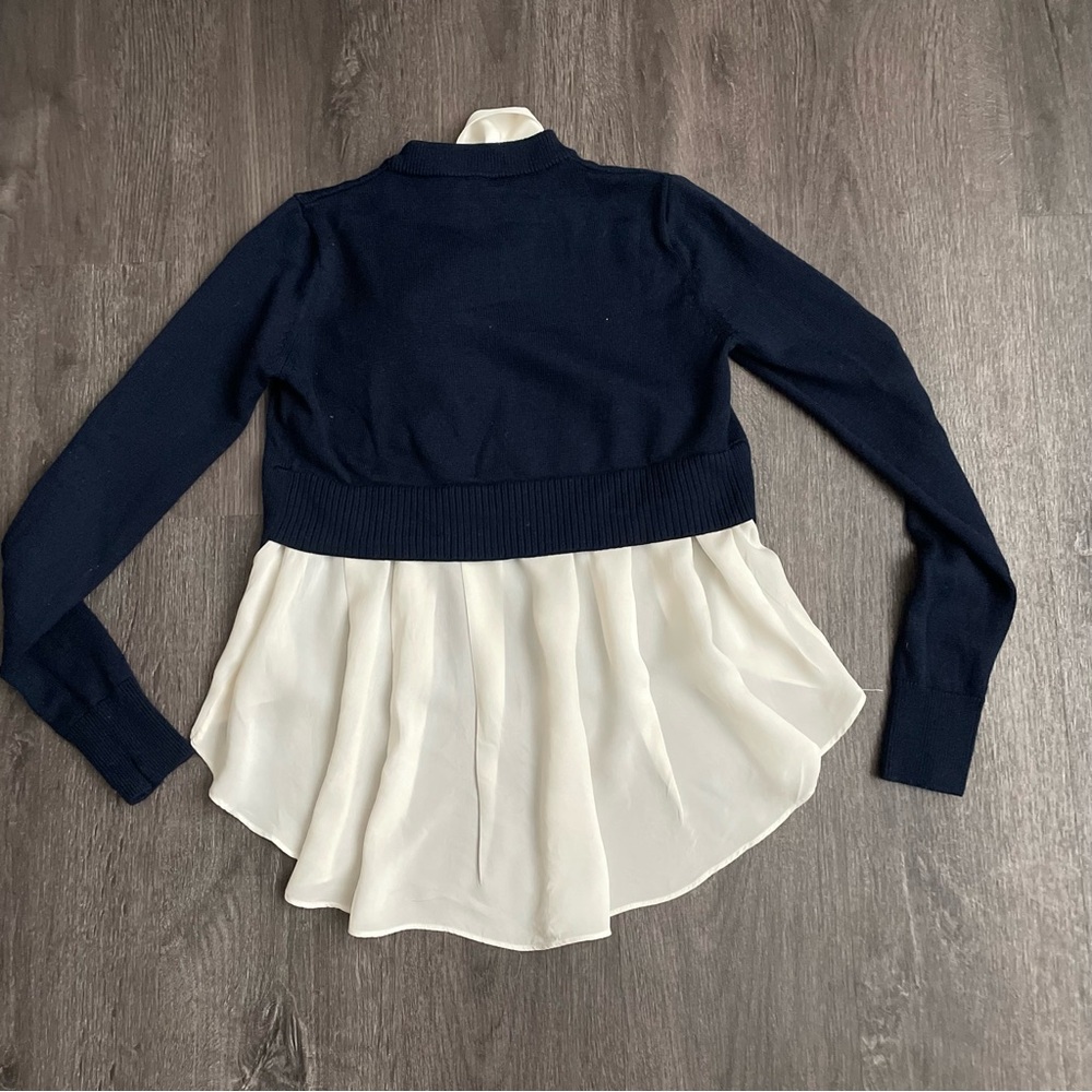 Veronica Beard Navy Top Merino wool Sweater with silk Cream Bow. - Picture 11 of 12
